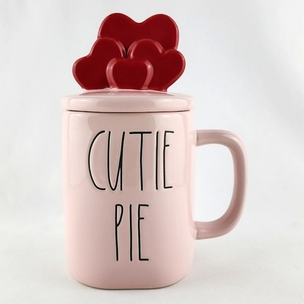 Rae Dunn Cutie Pie Pink Ceramic Mug with Red Heart Topper Lid 16 oz